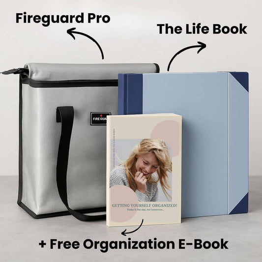 A promotional image featuring a gray Fireguard Pro document safe bag, a blue and beige The Life Book organizer, and a e-book on organization.