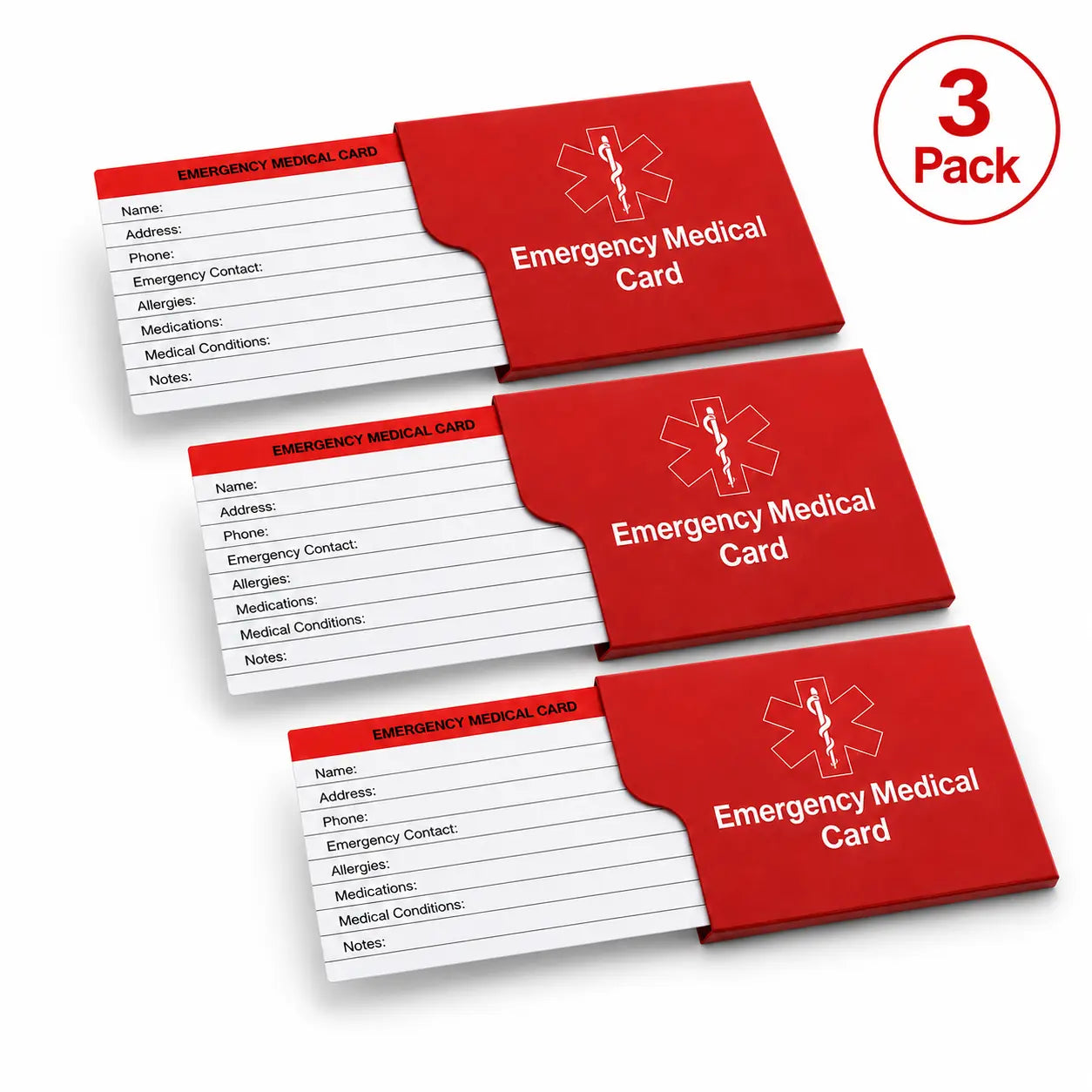 Three emergency medical cards with red covers on a white background