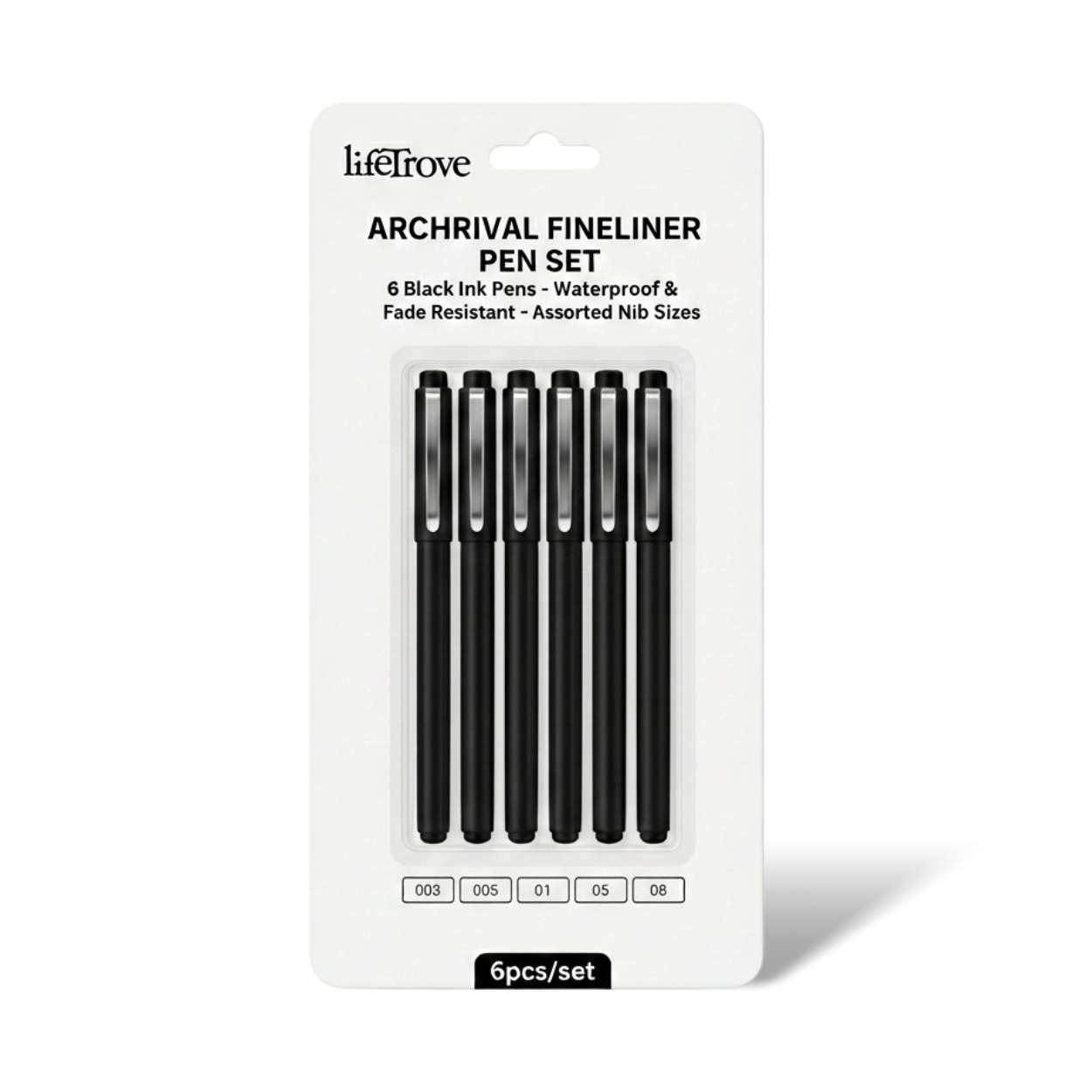 Packaging of lifeTrove archival fineliner pen set with six black ink pens on a white background.