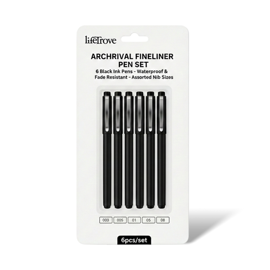 Packaging of lifeTrove archival fineliner pen set with six black ink pens on a white background.